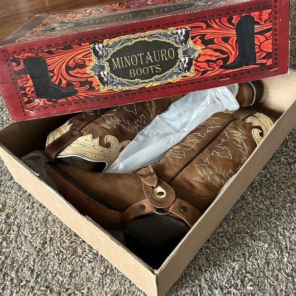 Minotauro Western Leather Cowgirl Boots Brown & Cream Size 6.5 NEW in Box - Picture 2 of 16